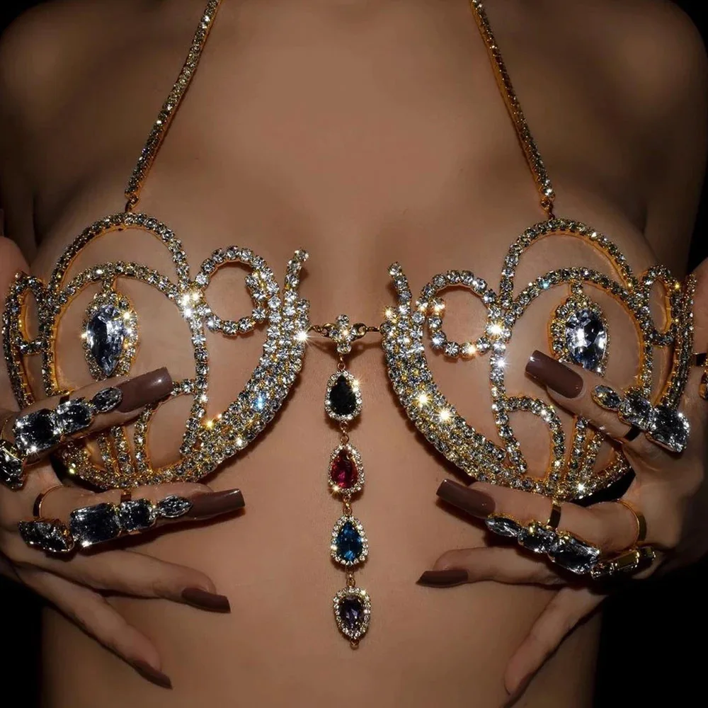 Body Jewelry Chest - 女性のための豪華なラインストーンビキニブラ,幾何学的な水滴ハーネス,ランジェリー,クリスタルチェストサポート,ボディジュエリー,ファッション