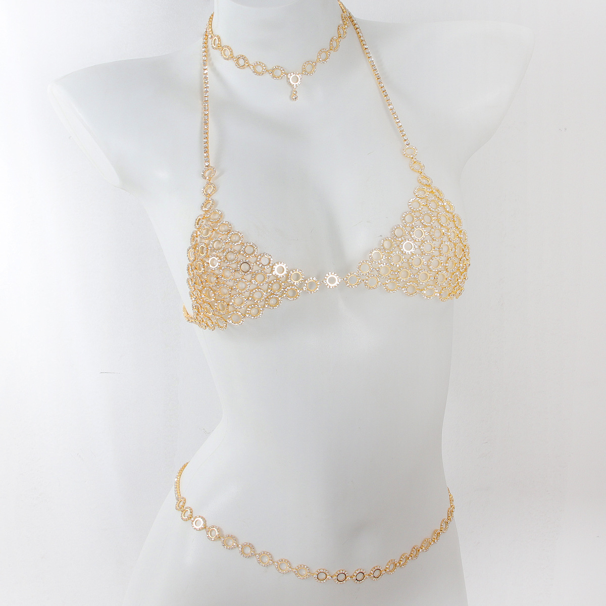 Body Jewelry Necklace - ブラとウエストチェーンのスリーピースセット,ラインストーン付きの円形ジュエリー,スプライスライト,豪華なスタイル,ファッショナブルなボディチェーン