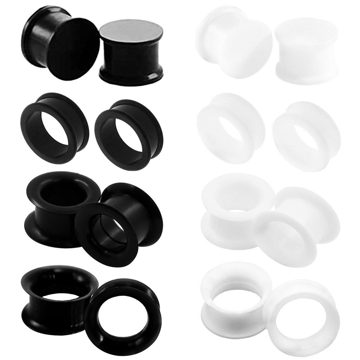Body Jewelry Gauge Sizes - 厚いフレキシブルシリコンイヤープラグ,イヤーエキスパンダー用の肉トンネルゲージ,ローブピアス,さまざまなタイプ,白と黒,サイズ4〜20mm, 2個,16個