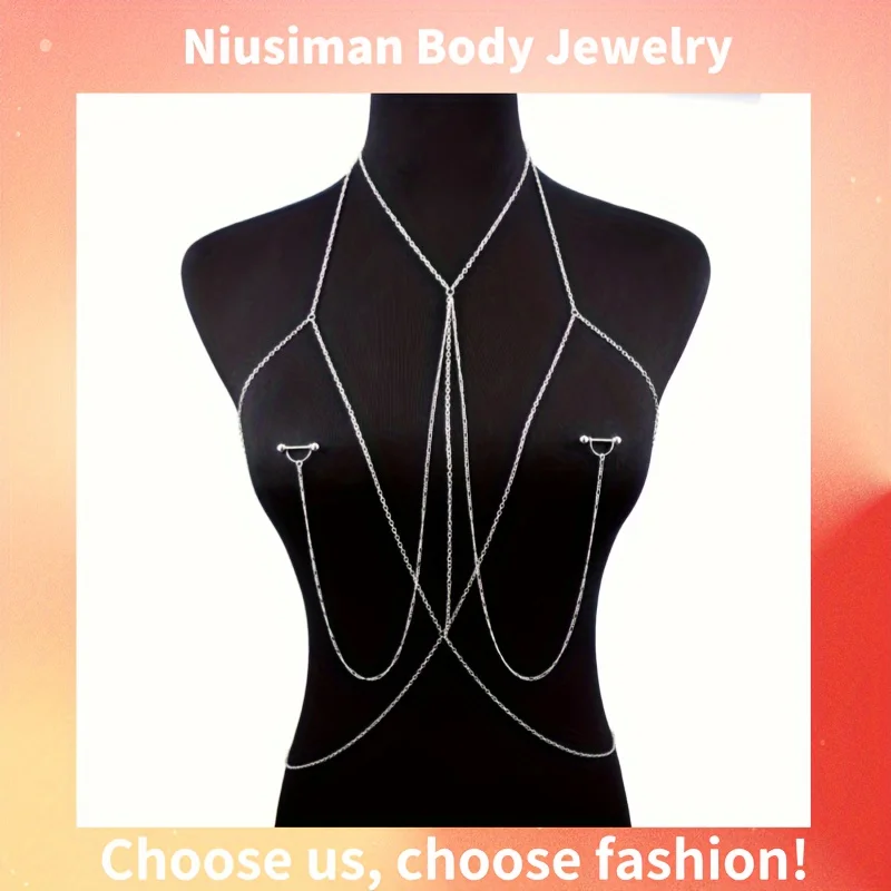 Body Jewelry Chest - エレガント&セクシーなボディチェーン1個、14Gバーベルニップルリング付き - 女性用の調節可能なチェストジュエリー、パーティーに最適