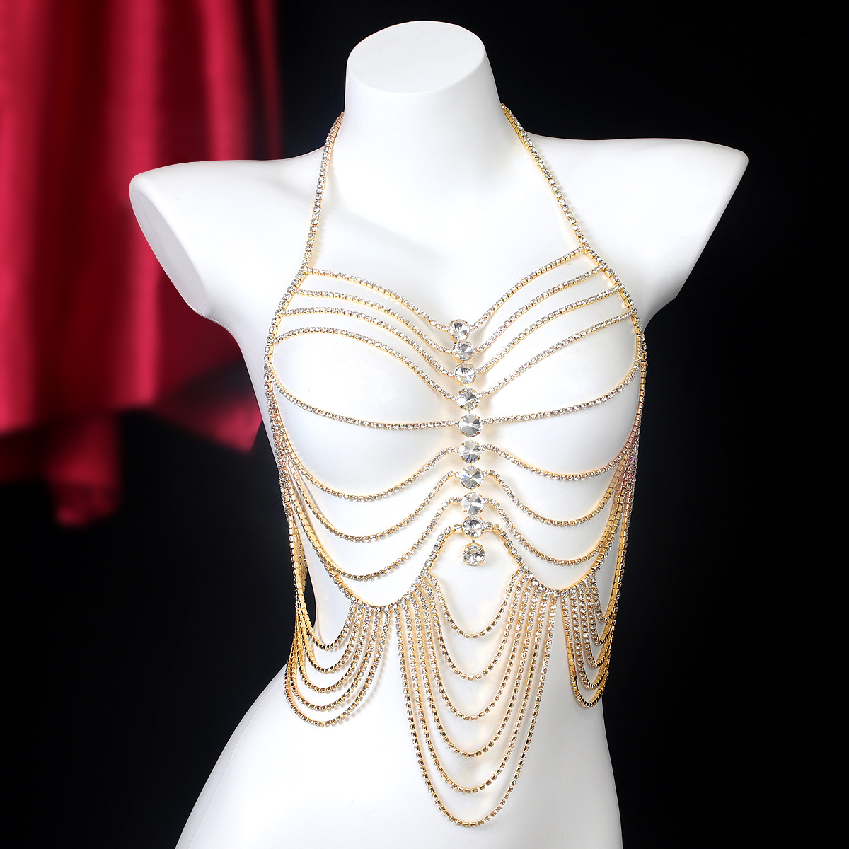 Body Jewelry Chest - 女性用ラインストーンチェーンタッセル,豪華なジュエリー,レトロなスタイル,ナイトクラブのボディチェーン