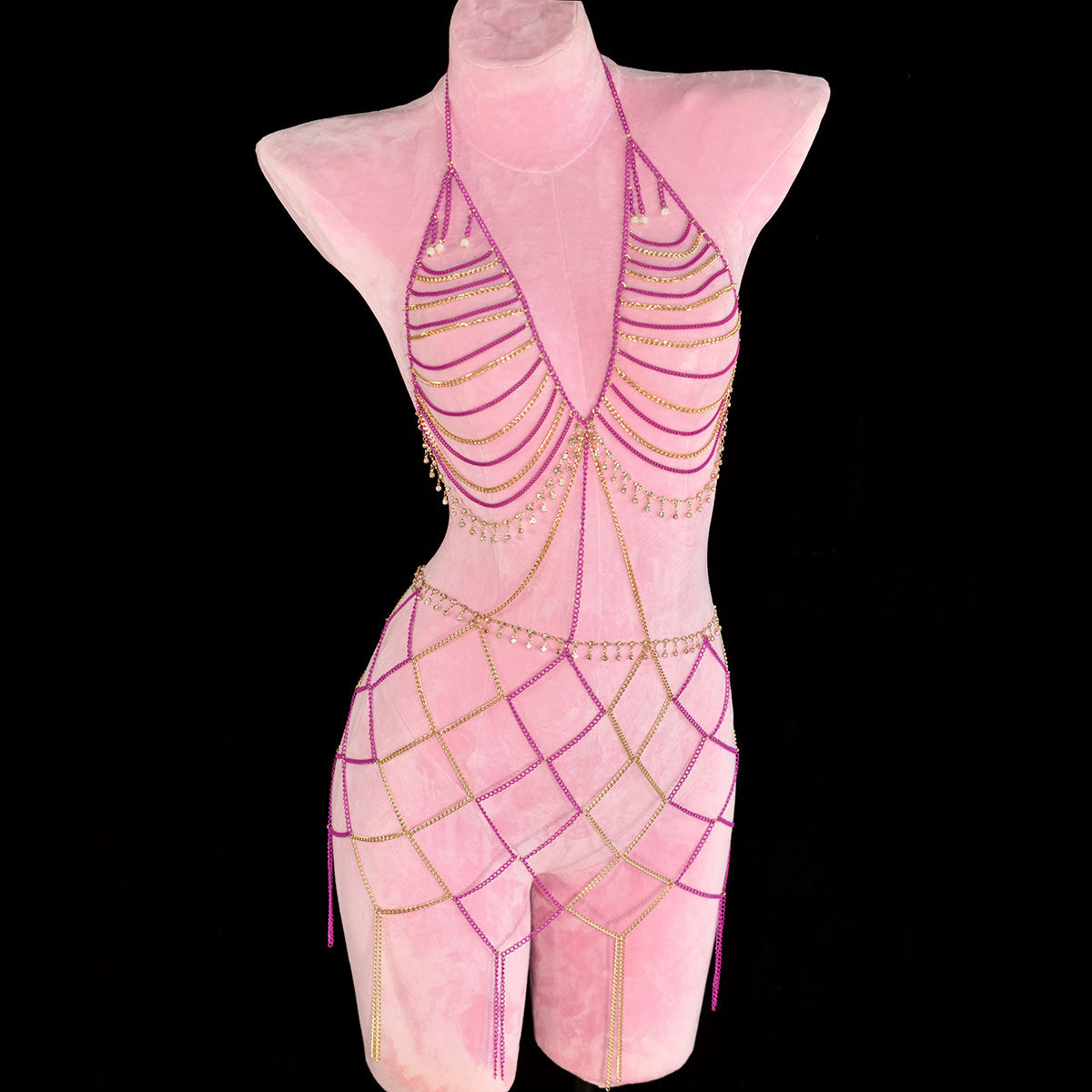 Body Jewelry Dress - セクシーなファッショントップ + ウエストドレス メタリックドレス キラキラクリスタルフリンジボディジュエリー ビーチパーティービキニチェーン