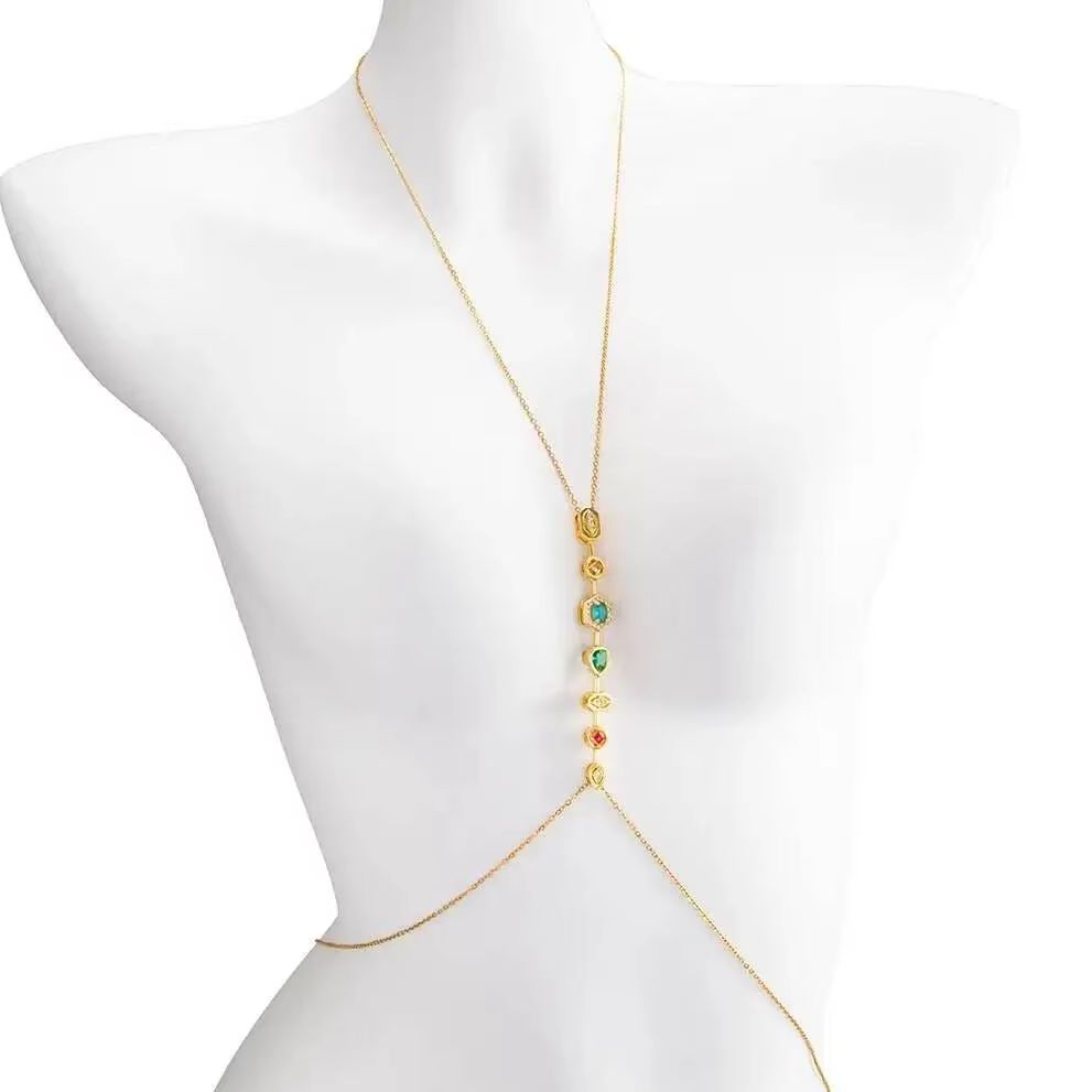 Body Jewelry Chest - PuRui 絶妙なカラフルなジルコンステンレス鋼胸チェーンウエストチェーン女性夏セクシーなビキニ防水ボディジュエリー