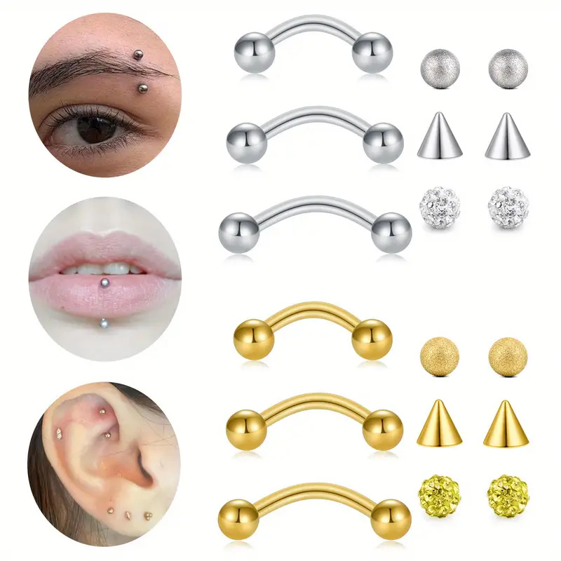 Body Jewelry Replacement Ball - 16 Gステンレスアーチ形Barbellリップ/腹/眉リングRook Daithピアスピアスピアス穴あきジュエリー3点、6個の交換ボール付き