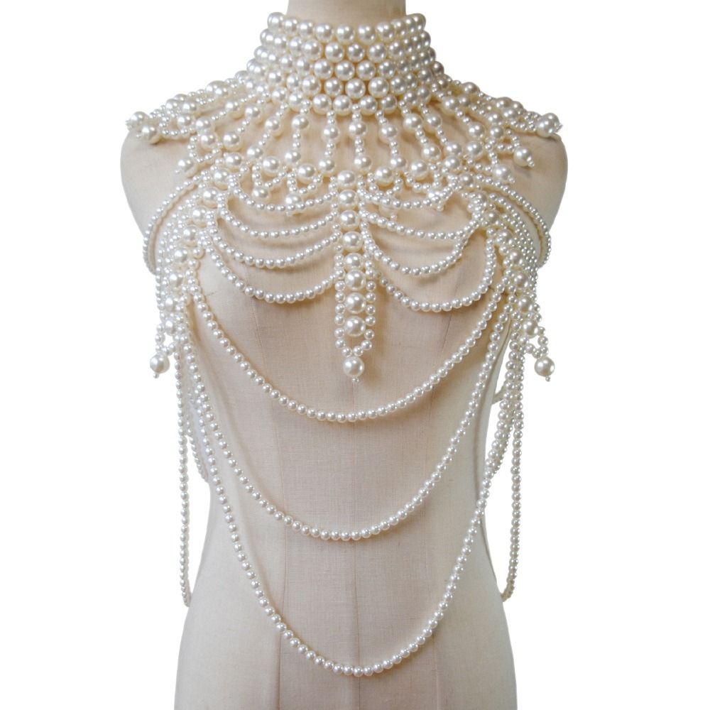 Body Jewelry Necklace - ファッション模造パール多層パールネックレス、誇張されたロングセクシーボディパールチェーン、女性用ボディジュエリー、花嫁用