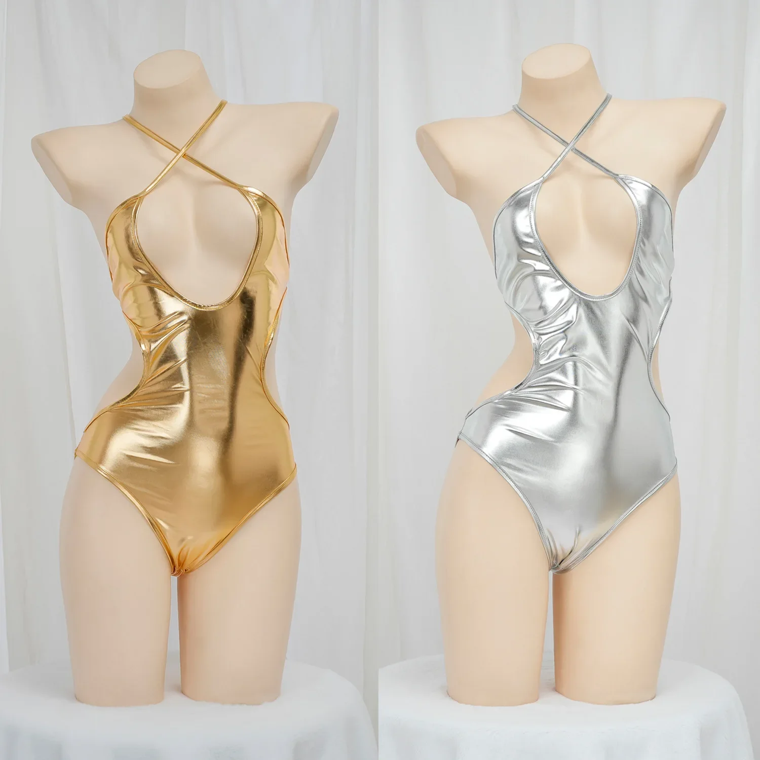 Body Jewelry Gold - アニメ背中の開いたボディスーツ女性コスプレ衣装日本の水着かわいい女の子の下着ゴールドスライバー中空水着ロールプレイ衣装