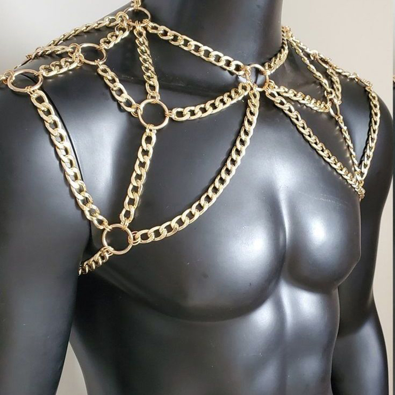 パンク男性ショルダーボディチェーンバックメタルネックレスボデ - Body Jewelry Gold のレビューと価格