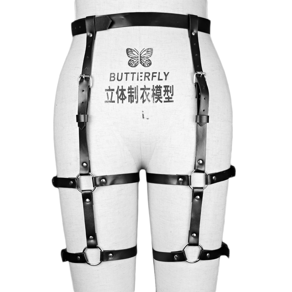 パンクレザー太ももハーネスベルトブラックレイブウエストベルト - Body Jewelry Leg Chain のレビューと価格